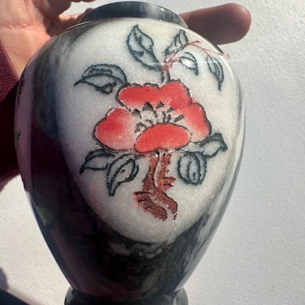 Vintage Chinese Marble Stone Carved Painted Landscape Crane Artwork Flowers Vase
